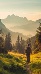 Man in hiking gear on a summer walk in the mountains, panoramic view, early morning light