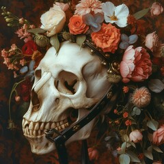 Skull with flower wreath and floral arrangement on head in artistic composition, elegant and serene
