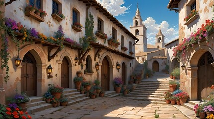 Fototapeta na wymiar Scene depicting a wedding in a large Spanish courtyard of a poor village