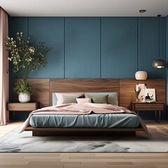 modern bedroom with a wood bed and olive walls, in the style of dark azure and beige