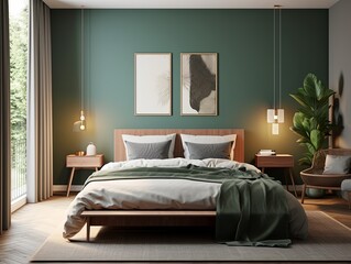 modern bedroom with a wood bed and olive walls, in the style of dark azure and beige