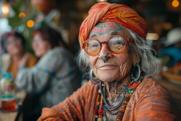 An elderly woman with facial tattoos and a vibrant turban poses for the camera, exuding character and life stories - obrazy, fototapety, plakaty
