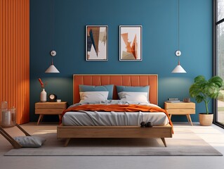 modern bedroom with a wood bed and orange walls, in the style of dark azure and beige