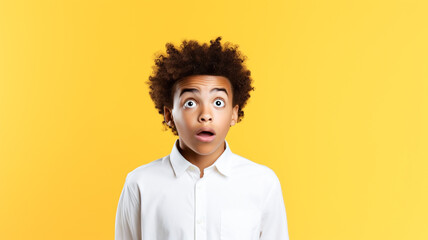 Obraz na płótnie Canvas Photo of astonished boy with curly hair dressed white shirt staring at empty space isolated on yellow color background. 