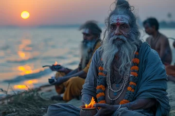 Foto op Aluminium Two holy men sit in meditation by the Ganges during sunset, reflecting devotion and Indian religious practices © Dacha AI