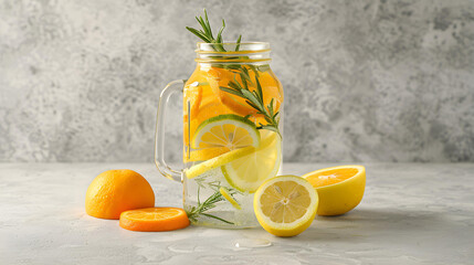 Refreshing summer lemonade drink with lemon, lime, 
and orange slices in mason jar - obrazy, fototapety, plakaty