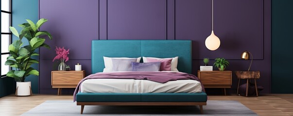 modern bedroom with a wood bed and purple walls, in the style of dark azure and beige