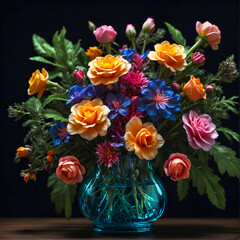 Obraz premium bouquet of bright flowers on a dark background.