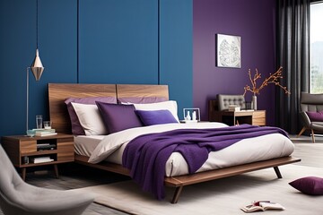 modern bedroom with a wood bed and purple walls, in the style of dark azure and beige