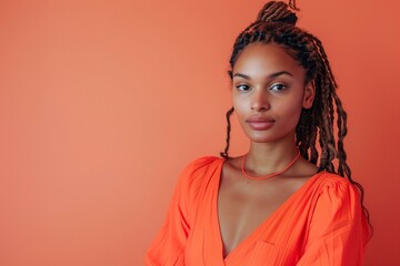 Portrait of a beautiful African American young woman looking at camera against a orange background
