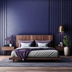 modern bedroom with a wood bed and red walls, in the style of dark azure and beige