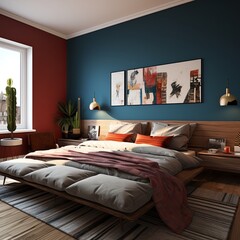 modern bedroom with a wood bed and rose walls, in the style of dark azure and beige, modern