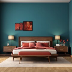 modern bedroom with a wood bed and rose walls, in the style of dark azure and beige, modern