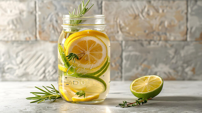 Homemade refreshing summer lemonade drink with lemon and lime slices in mason jar on the grey background