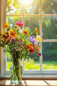 Sunny window with vibrant flower bouquet. A bright image showcasing a variety of colorful flowers in a clear vase, with sunlight streaming through a window behind