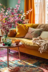 A viComfortable living room with colorful setup. A warm, sunlit living room with vibrant furniture and a blossoming cherry branch on the coffee table