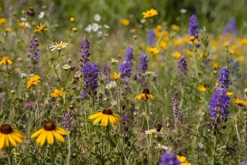 A meadow alive with the vibrant colors of wildflowers, buzzing with bees collecting pollen