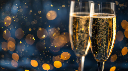 Two glasses of sparkling champagne with a golden bokeh background are raised in a toast. - obrazy, fototapety, plakaty