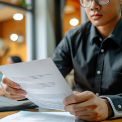 Interviewer reviewing candidate's resume in office, close-up of hands and documents, bright overhead light