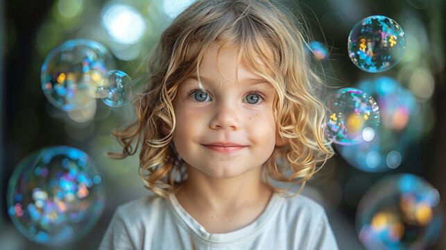 Little Girl Standing in Front of Soap Bubbles