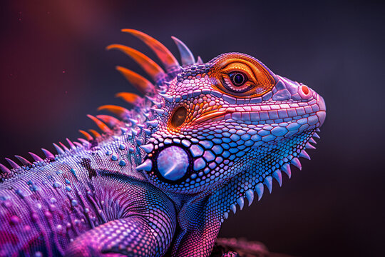a colorful lizard with a spiky head, showcasing the artistic style of dark table processing. the lizard features a vibrant combination of light violet and dark orange, complemented by hints of dark 