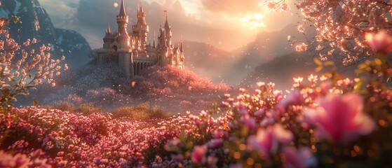 Castle entwined with florals, beautiful fantasy landscape, golden hour lighting close-up - obrazy, fototapety, plakaty