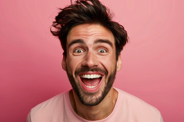 A man makes faces on a pink background with different emotions on his face, wiggling