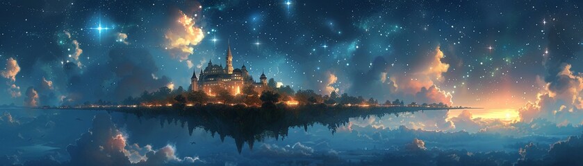 Fantasy city on a floating island, night sky filled with glowing constellations super realistic