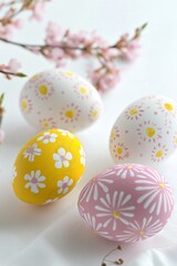 Yellow and pink decorated Easter eggs. Yellow and pink Easter eggs with white floral decorations and cherry blossoms in the background