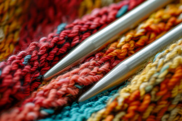 A close-up image capturing the vibrant, multicolored yarn and metallic knitting needles. The intricate stitches showcase the skill, artistry and creativity. - 764692378