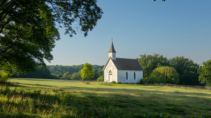 Fototapeta premium A quaint country church, with a clear blue sky as the background, during a peaceful summer Sunday