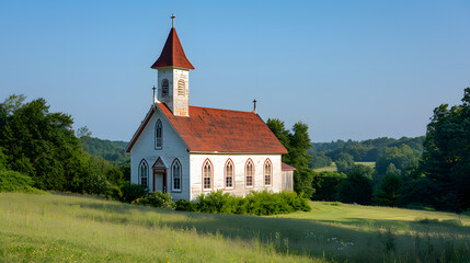 Obraz premium A quaint country church, with a clear blue sky as the background, during a peaceful summer Sunday