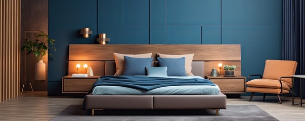 modern bedroom with a wood bed and silver walls, in the style of dark azure and beige, modern - obrazy, fototapety, plakaty