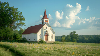 A quaint country church, with a clear blue sky as the background, during a peaceful summer Sunday