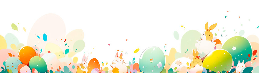 A banner with Easter eggs and Easter bunnies in pastel colors. - obrazy, fototapety, plakaty
