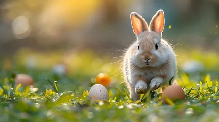 Zelfklevend Fotobehang Conejo blanco de pascua saltando en la hierba verde, hierba con muchos huevos de colores.  Pascua de resurrección, conejo de pascua © jordirenart