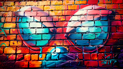 Urban brick wall covered with graffiti, showcasing vibrant street art and textures