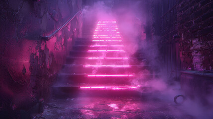 Neon-lit stairs emerging from a misty alley, creating an ethereal atmosphere in the heart of the city. 
