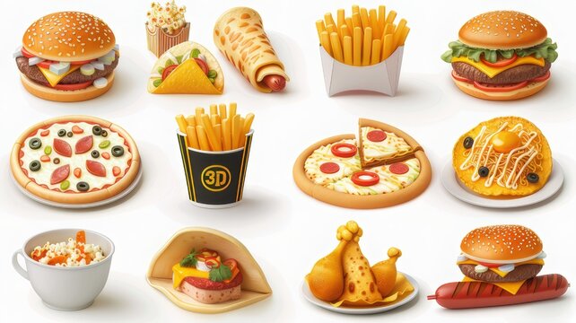 Set of vector icons representing the variety of fast food. Fast food concept. Includes images of pizza, hamburger, fries and more.