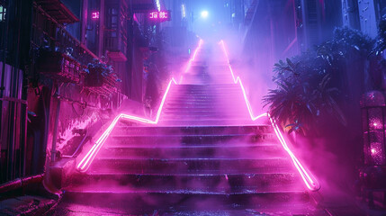 Neon-lit stairs emerging from a misty alley, creating an ethereal atmosphere in the heart of the...
