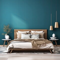modern bedroom with a wood bed and turquoise walls, in the style of dark azure and beige