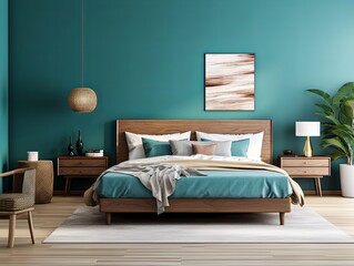 modern bedroom with a wood bed and turquoise walls, in the style of dark azure and beige