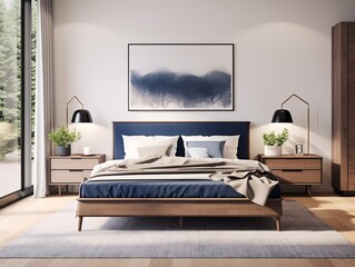 modern bedroom with a wood bed and white walls, in the style of dark azure and beige