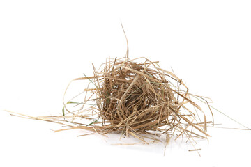 Ball of hay isolated on white background. Abstract chaotic round shape of dry grass. © vaitekune