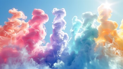 A Group of colorful smokes spiral-wave floating in the air with a soft blue sky background