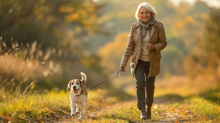 A happy kind-hearted elderly woman walking a playful Beagle on a scenic country road