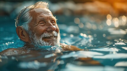 A happy senior man swimming laps in a serene pool