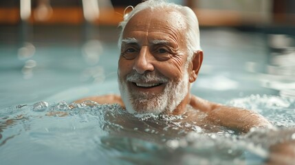 A happy senior man swimming laps in a serene pool - obrazy, fototapety, plakaty