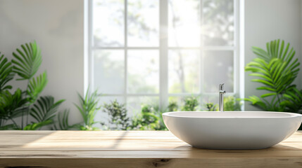 Natural Light-Filled Bathroom with Freestanding Basin and Lush Greenery. Eco-Friendly Zen Bathroom Design with Indoor Plants and Wooden Countertop. Mockup