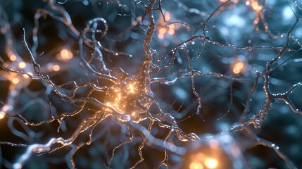 Visual representation of neurons transmitting electrical impulses, illustrating the intricate structure of a neural network. Human nerve system stem cells research and advancements in AI technology